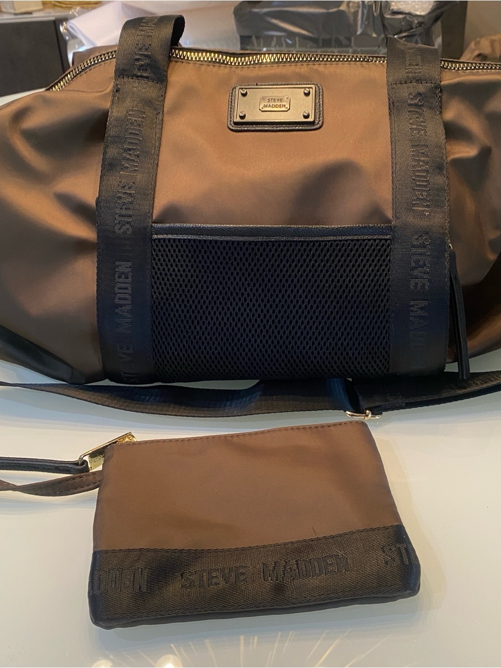 Steve Madden Nylon Duffle Bag & Matching Wristlet Set in Olive Brown